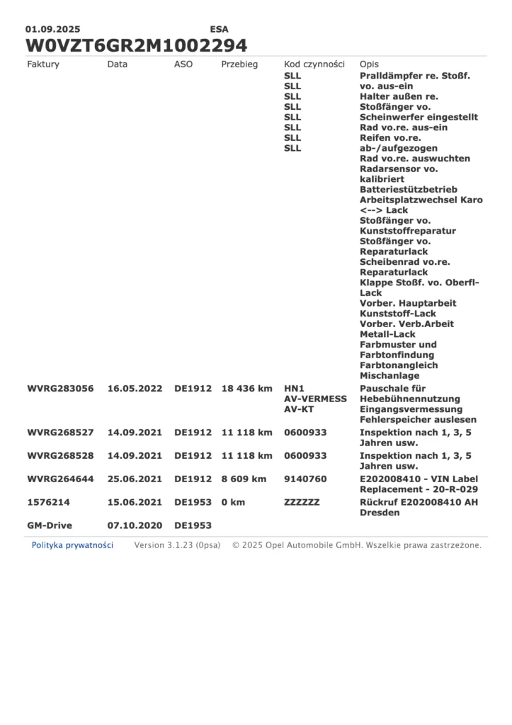 Historia Serwisowa ASO Opel
