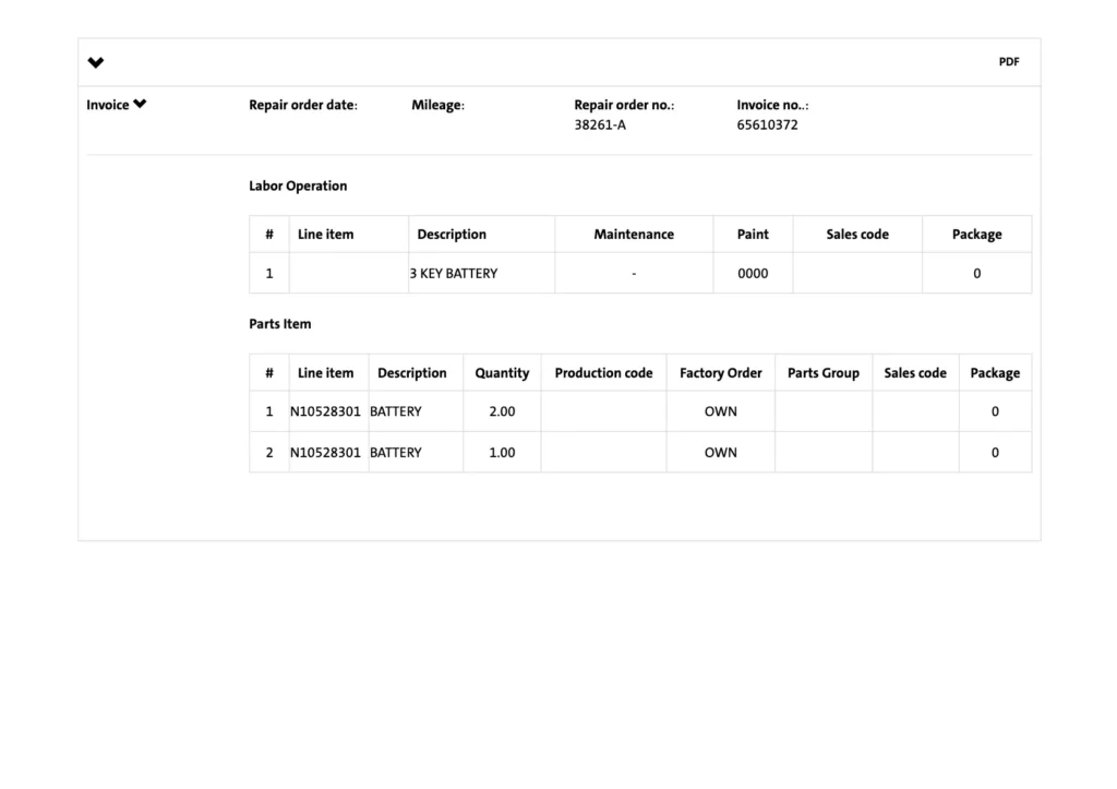 Historia serwisowa ASO Audi próbka raportu PDF po VIN