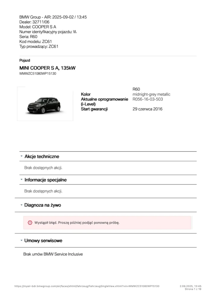 1. historia serwisowa ASO MINI – pełny raport po VIN