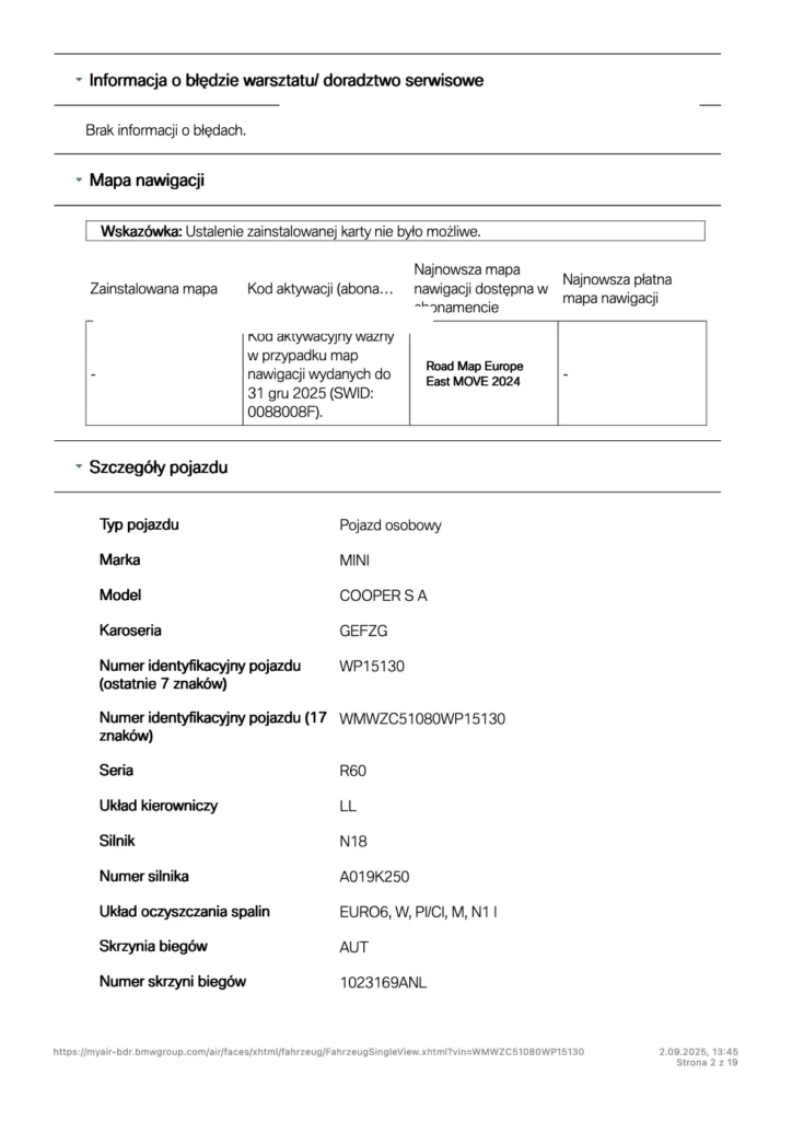 raport historii serwisowej MINI – dane ASO po VIN