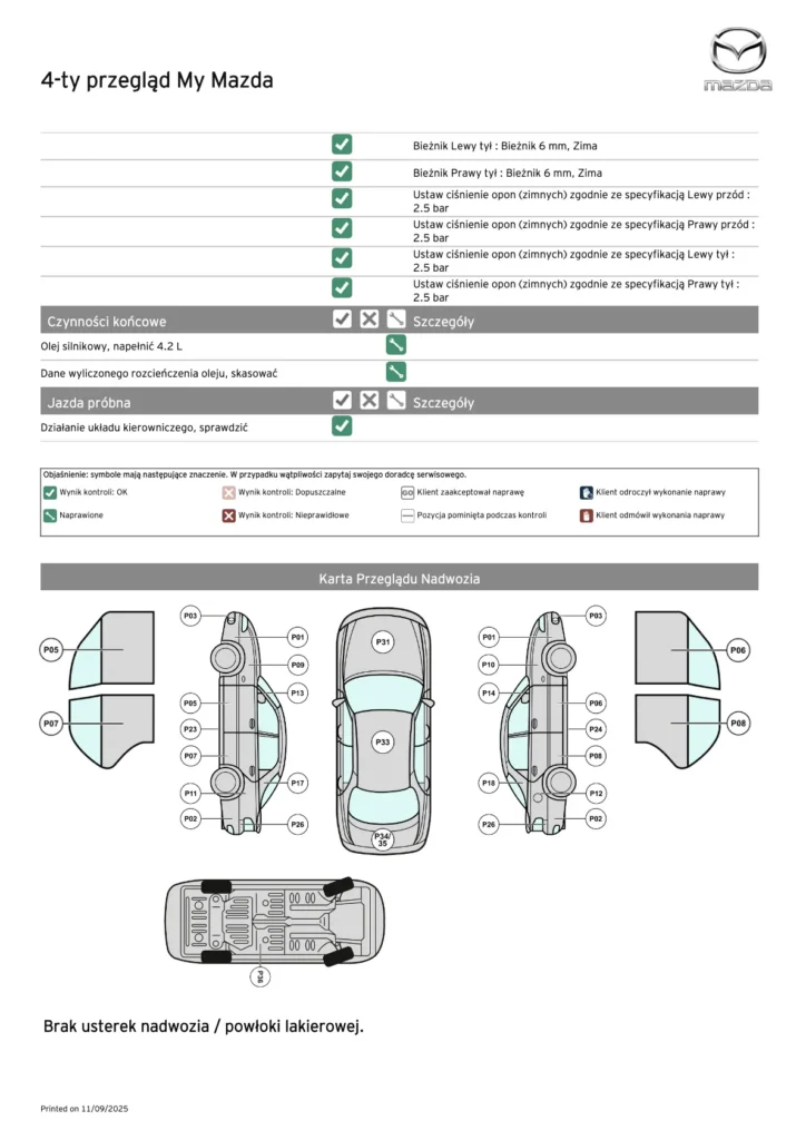 raport historii serwisowej Mazda – dane ASO po VIN